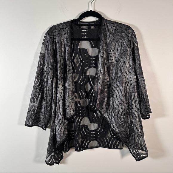 Chico's Traveller’s Cardigan Women’s SZ 2 (large) Deco Lace Silver Black Holiday - Picture 2 of 12